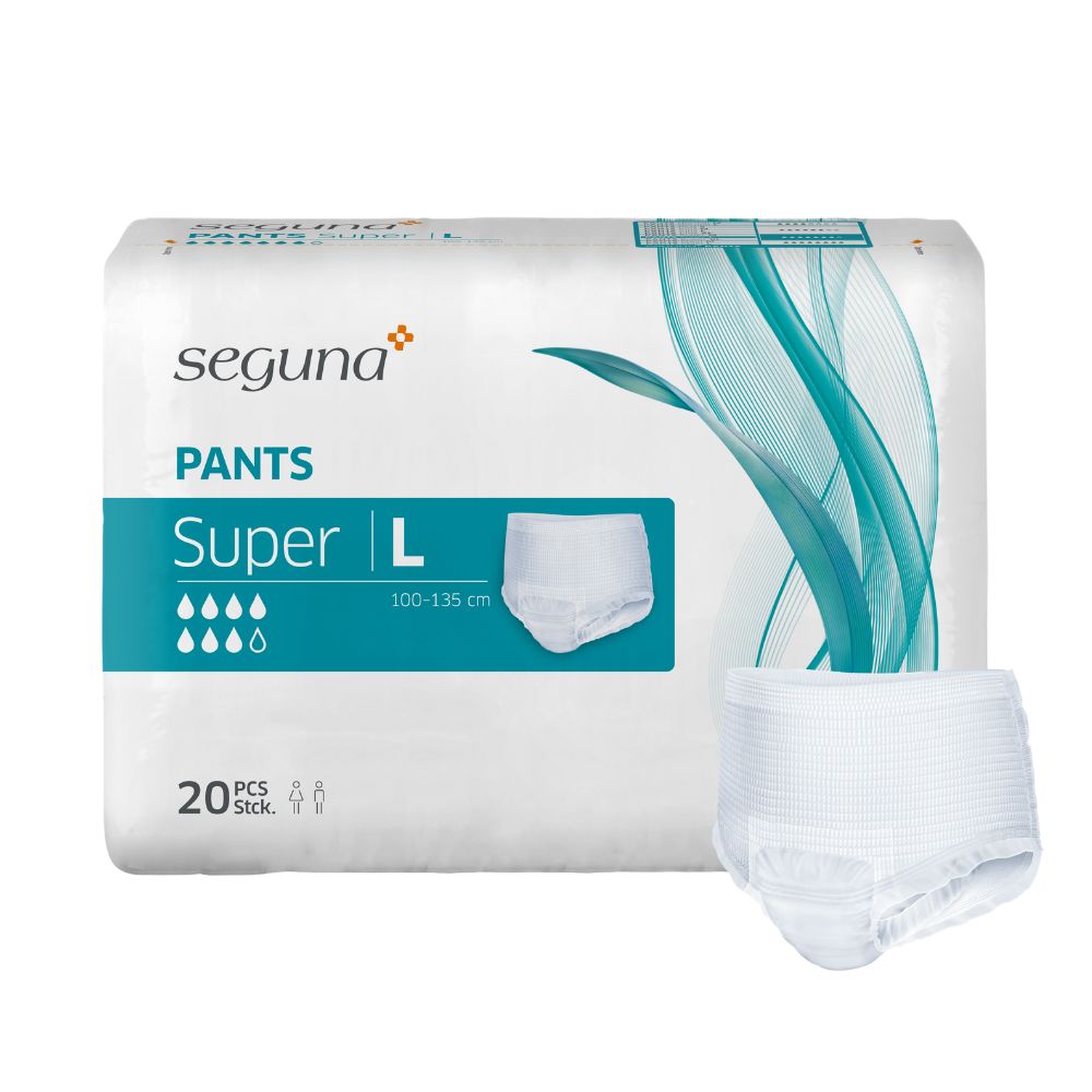 Verpackung SEGUNA Pants Super L. Aufdruck: 100-135 cm, 20 Stück. Produkt daneben platziert.