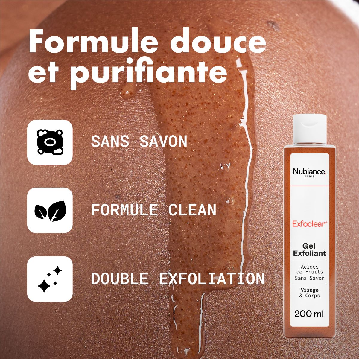 Exfoclear Gel für Gesicht & Körper. Seifenfrei, saubere Formel, doppelte Peelingwirkung. 200 ml.