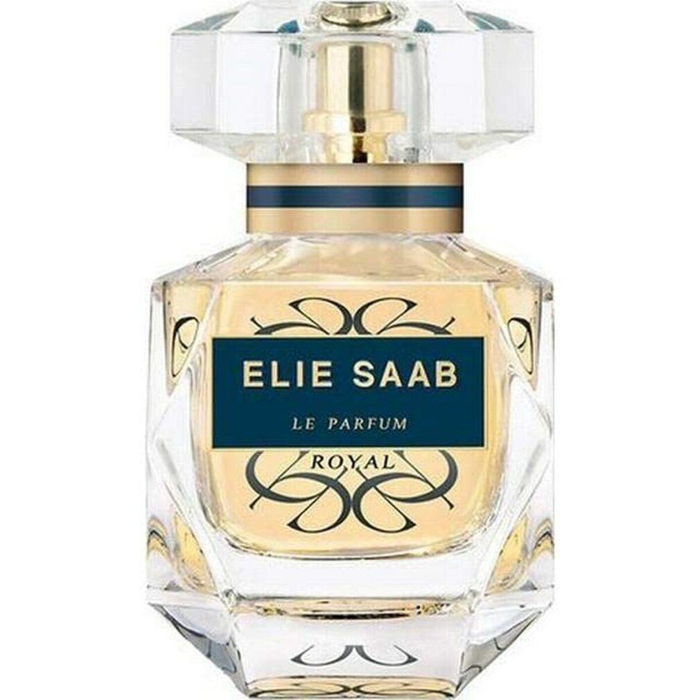 Parfümflakon von Elie Saab, Le Parfum Royal. Glasflakon mit blauem Etikett und goldenen Details. Transparenter Deckel.