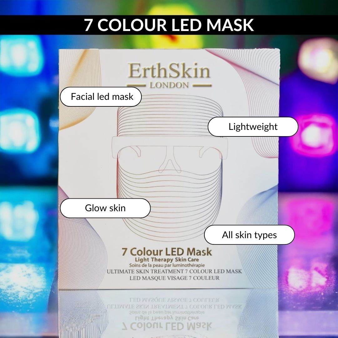 Verpackung der ErthSkin London 7 Colour LED Maske mit Abbildungen und Beschriftungen wie 'Facial LED mask' und 'Lightweight'.