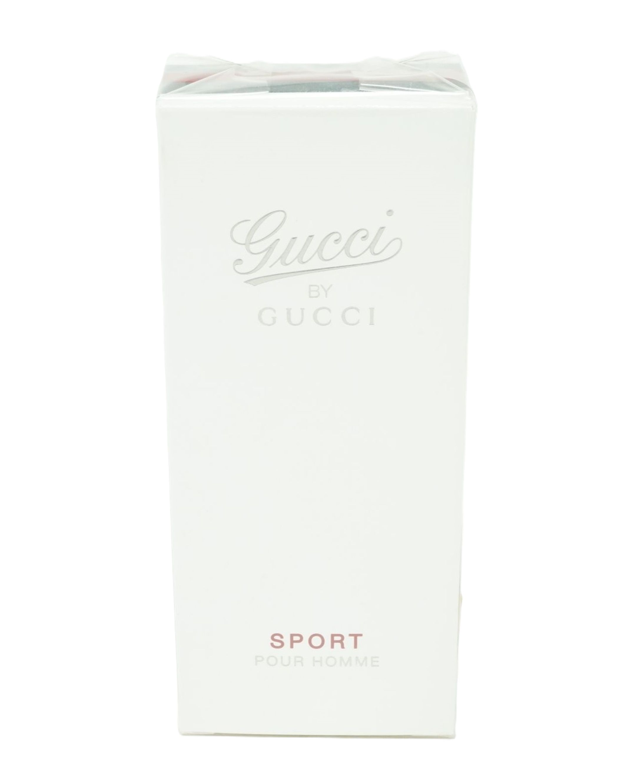 Weiße rechteckige Verpackung. Oben steht in Silber Gucci by Gucci. Darunter Sport Pour Homme in Rot.