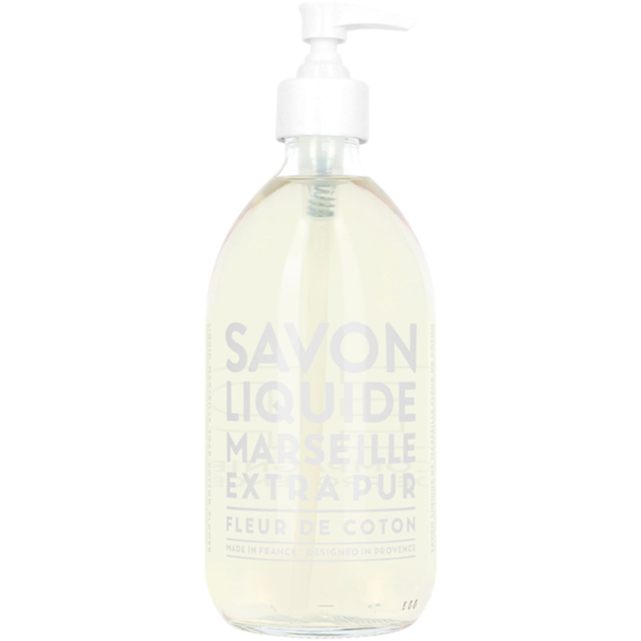 Transparente Flasche mit weißem Pumpkopf. Aufschrift: Savon Liquide Marseille Extra Pur Fleur de Coton.