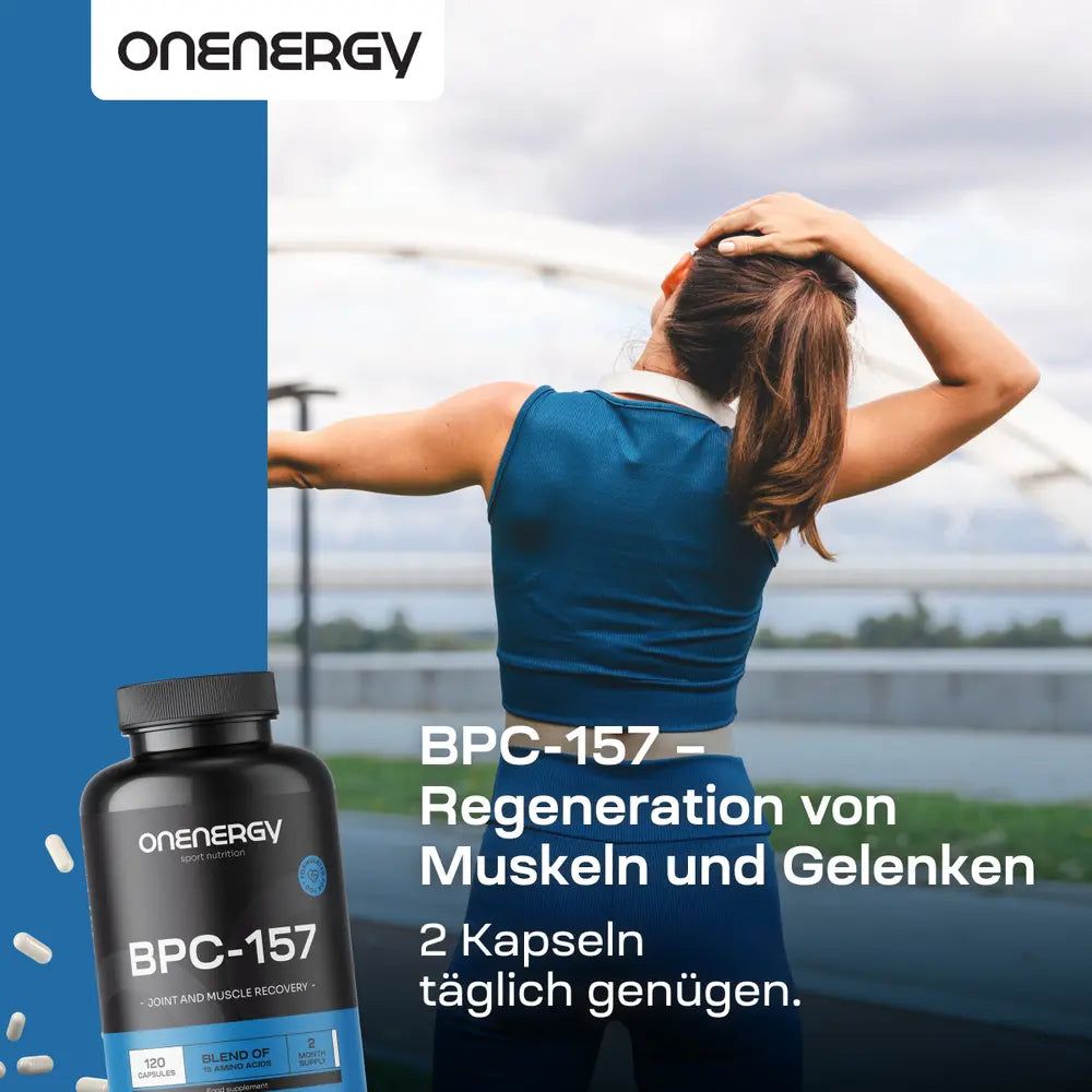Sportlerin dehnt sich, daneben Dose BPC-157 Kapseln. Für Regeneration von Muskeln und Gelenken.