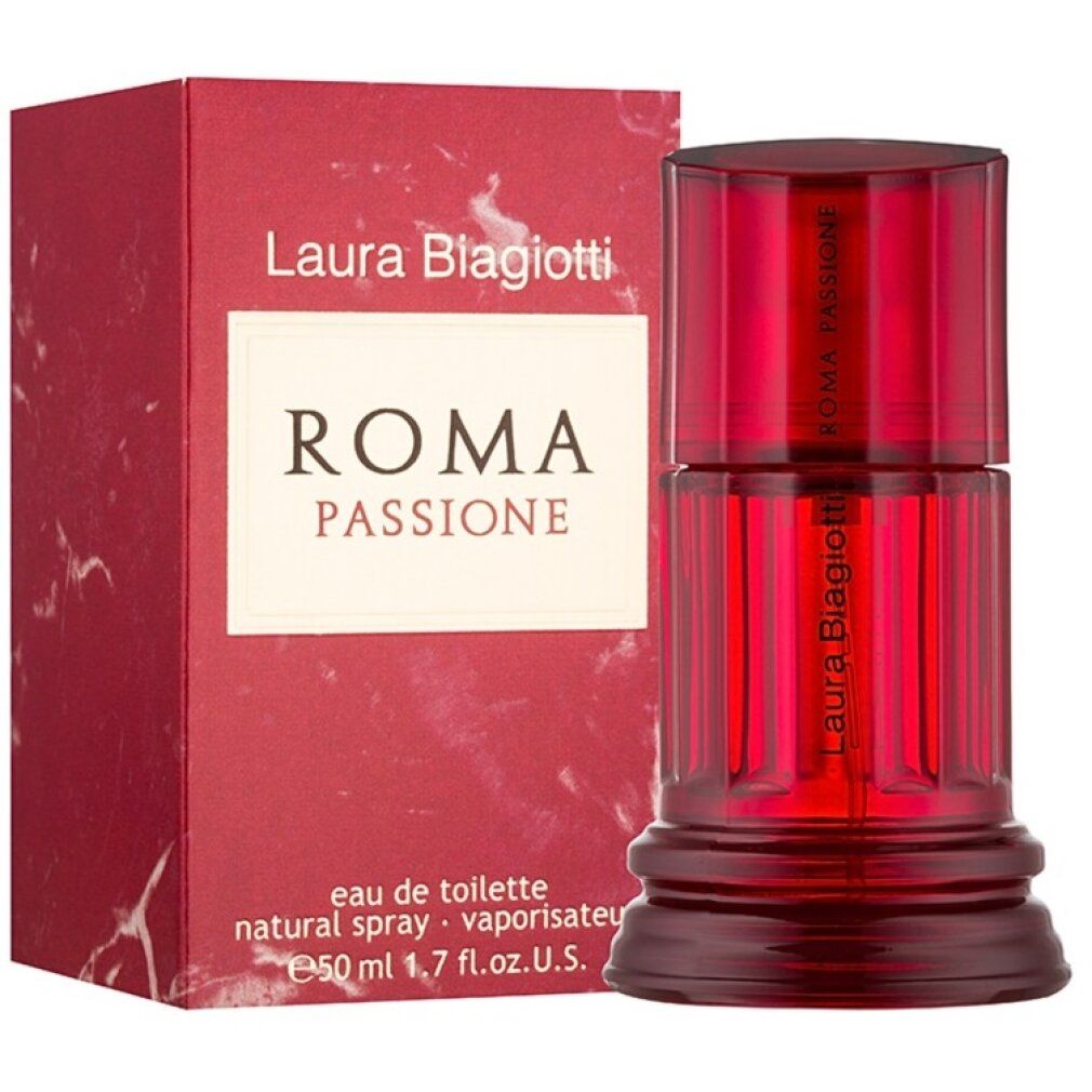 Roter Flakon und Verpackung. Schriftzug: Laura Biagiotti Roma Passione. Eau de Toilette. 50 ml.