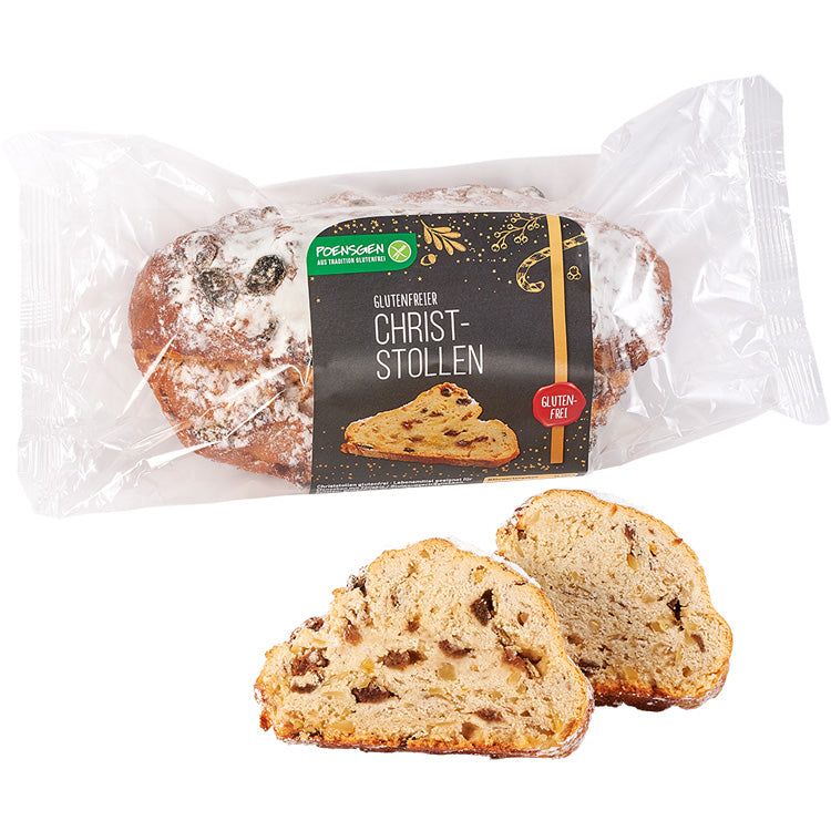 Christstollen glutenfrei in Folie verpackt. Aufgeschnittene Scheiben zeigen Rosinen. Label mit Schriftzug.
