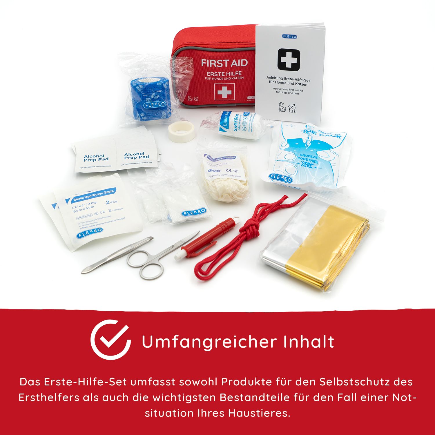 Erste-Hilfe-Set mit verschiedenen medizinischen Artikeln: Verband, Schere, Pflaster, etc. Rotes Erste-Hilfe-Set im Hintergrund.