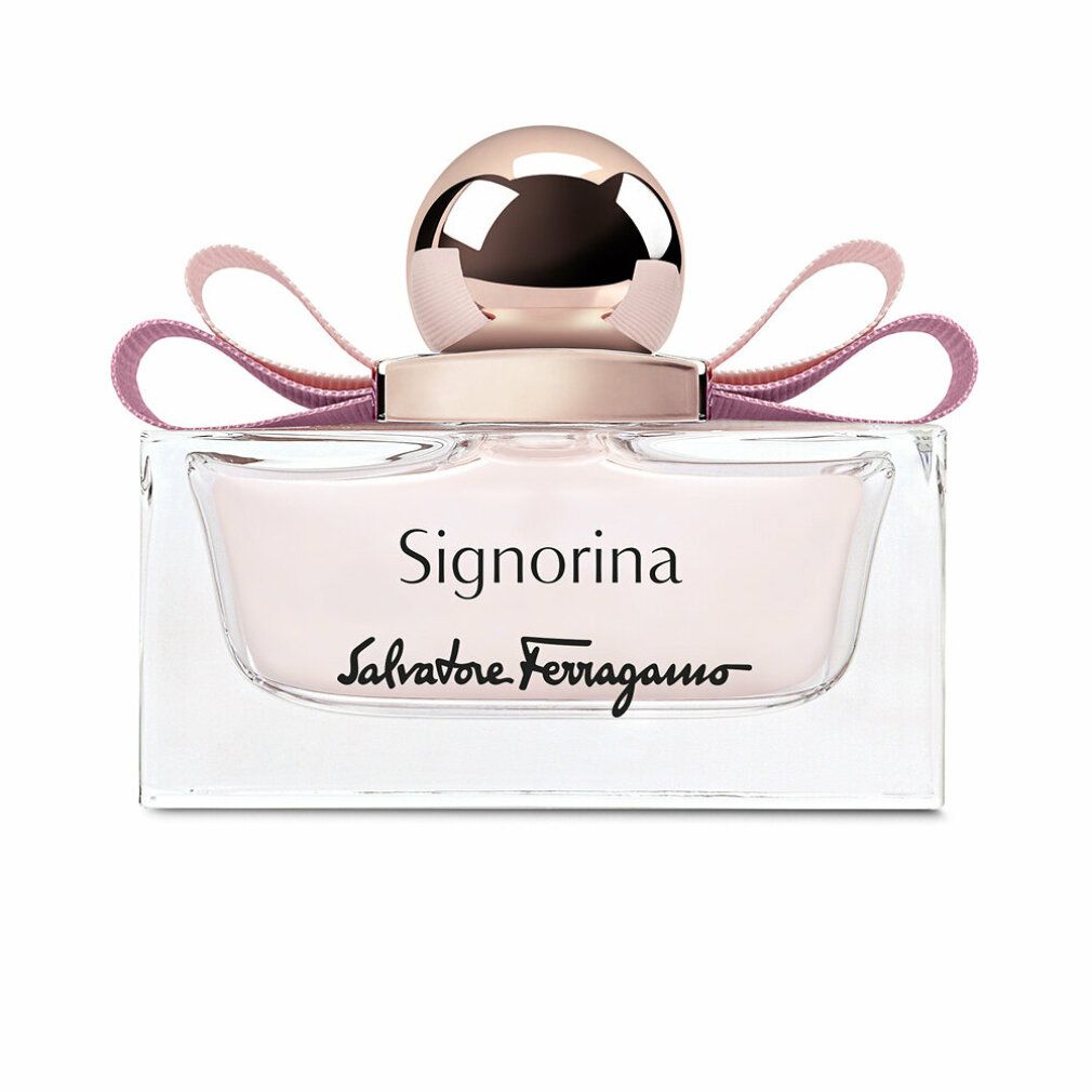 Parfümflakon mit rosa Schleife und Kappe. Schriftzug Signorina und Salvatore Ferragamo.