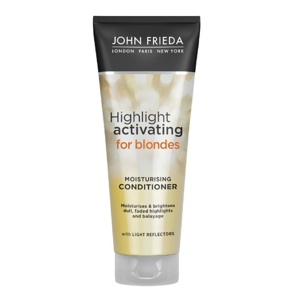 John Frieda Sheer Blonde Conditioner. Tube mit schwarzem Deckel und hellgelbem Körper. Text: Highlight activating for blondes, Moisturising Conditioner.