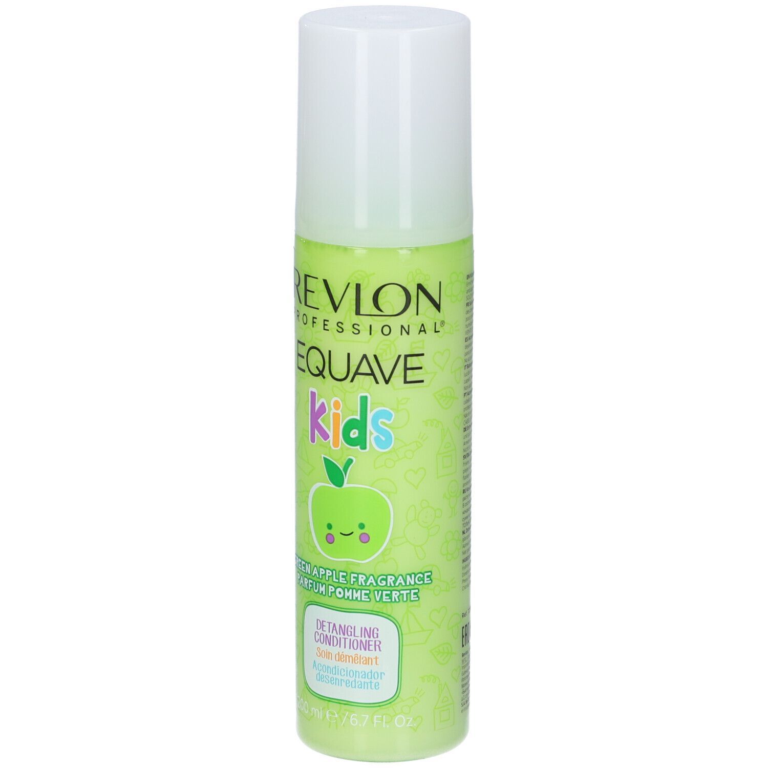 Grüne Flasche mit weißem Deckel. Aufschrift: Revlon Equave Kids Detangling Conditioner. Apfel-Design.
