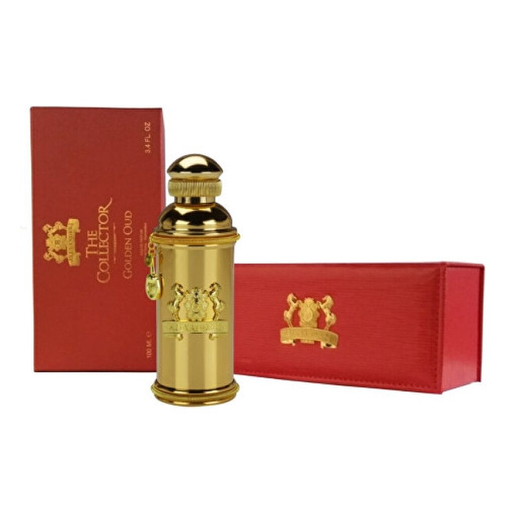 Goldene Oud Eau de Parfum Spray mit roter Geschenkbox und Deckel.