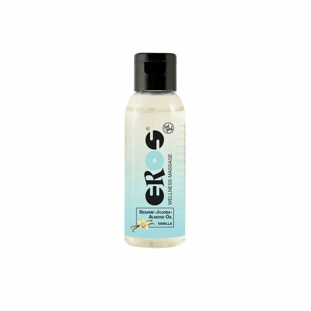 Flasche mit Massageöl. Aufschrift: EROS, Wellness Massage, Sesam-Jojoba-Mandelöl, Vanille. Schwarzer Deckel, hellblaues Etikett.