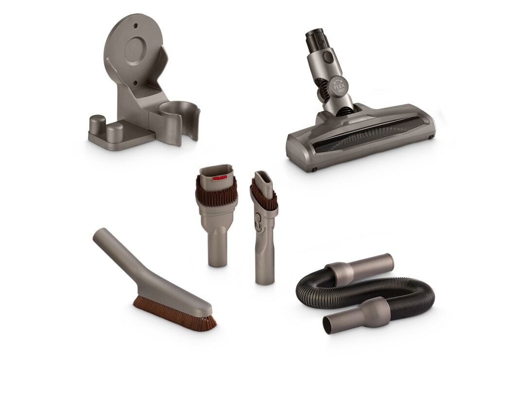 Verschiedene Aufsätze für einen Handstaubsauger. Enthält eine Halterung, Bürsten und Düsen.