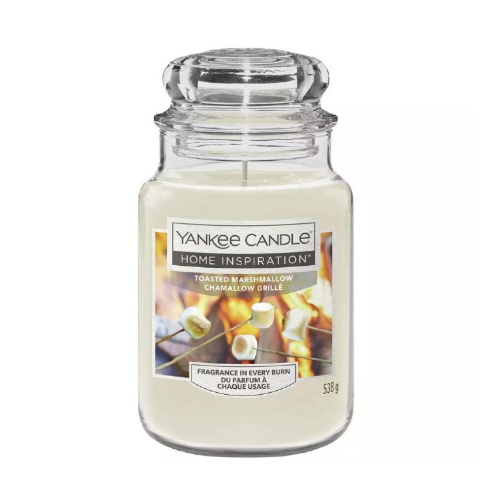 Glasbehälter mit Kerze. Aufschrift: Yankee Candle Home Inspiration, Toasted Marshmallow. Mit Glasdeckel. 538g.
