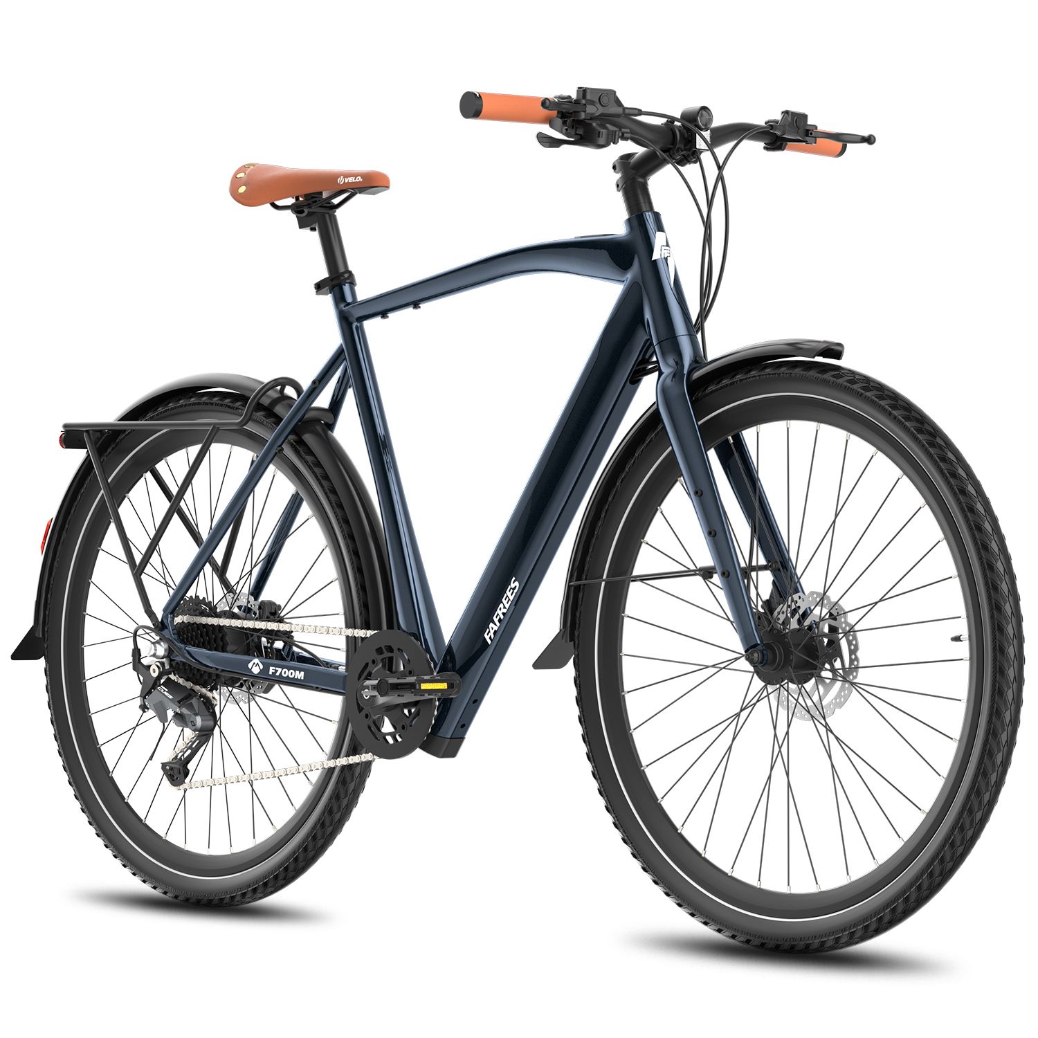 Dunkelblaues Elektrofahrrad mit braunem Sattel und orangefarbenen Griffen. Fafrees-Logo. Schwarze Reifen und Schutzbleche.