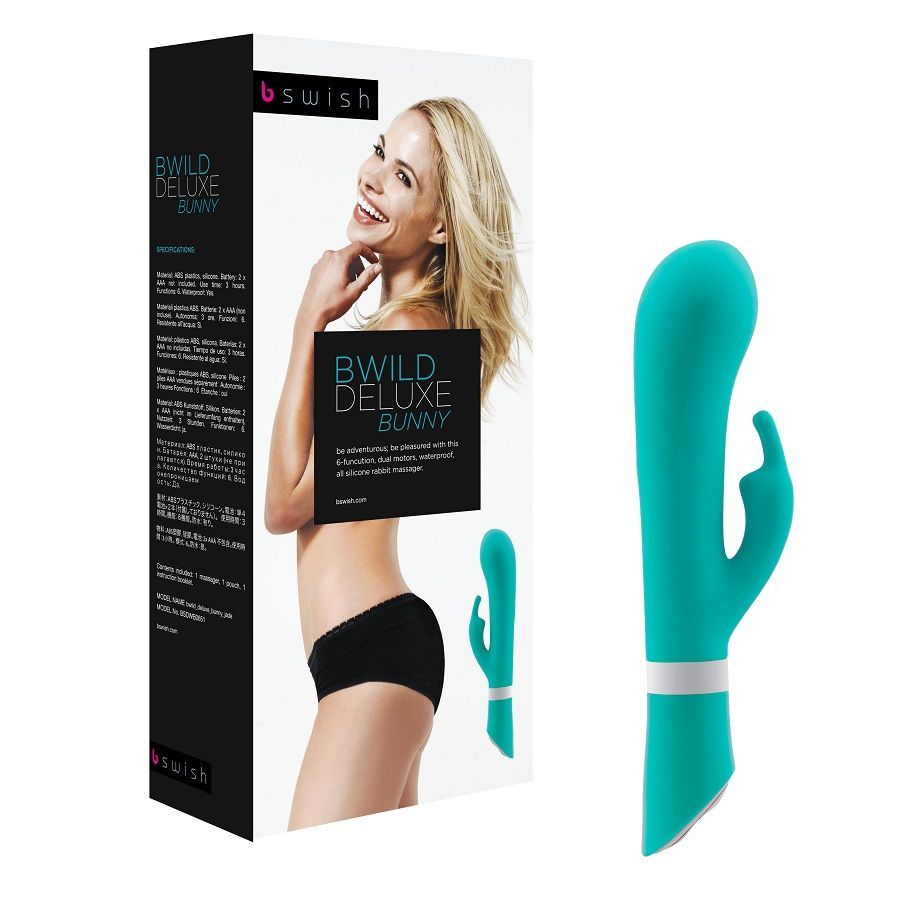 Produktverpackung mit Produktabbildung. Aufschrift: B Wild Deluxe Bunny. Abgebildet ist ein grüner Silikonvibrator.
