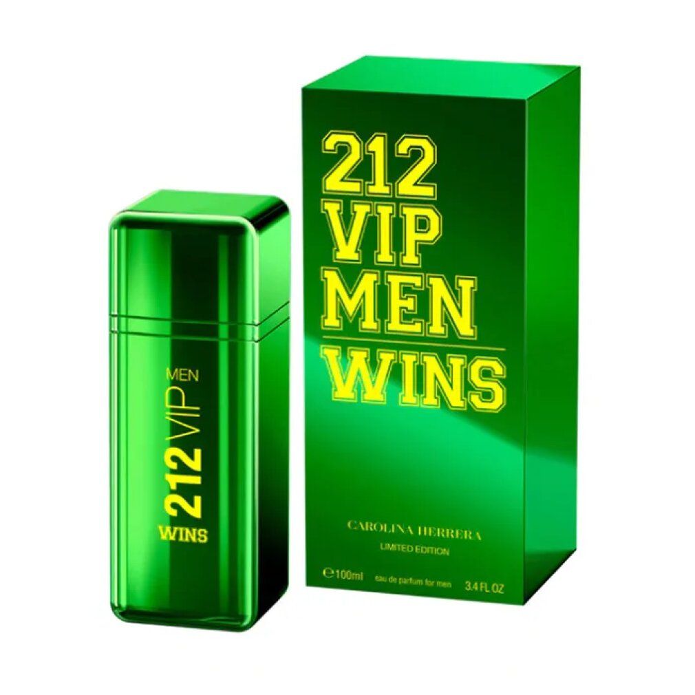 Grünes Carolina Herrera 212 VIP Men Wins Edp. Flakon und Schachtel. Aufschrift: 212 VIP MEN WINS, Carolina Herrera Limited Edition.
