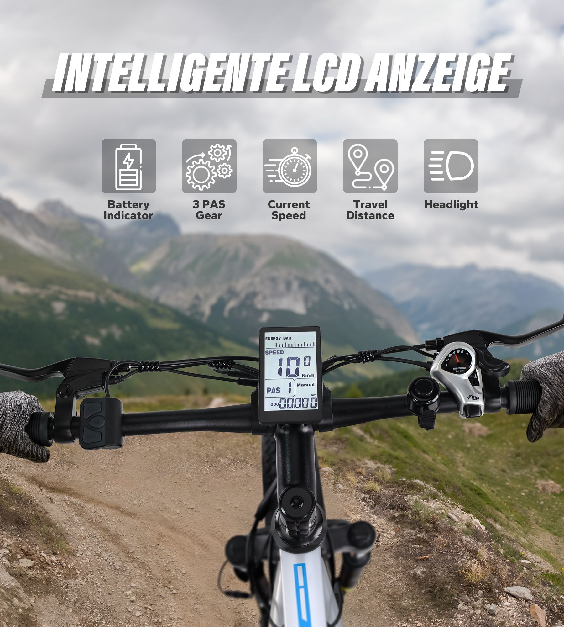 E-Bike-Lenker mit intelligentem LCD-Display. Batterieanzeige, 3 PAS-Gänge, Geschwindigkeit, Distanz, Scheinwerfer.