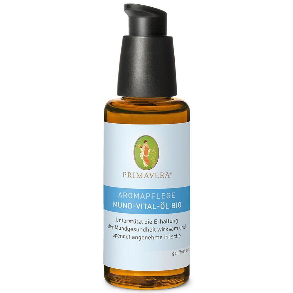 Braune Glasflasche mit schwarzem Pumpkopf. Aufkleber mit Produktnamen und Logo. Text: AROMPFLEGE MUND-VITAL-ÖL BIO.