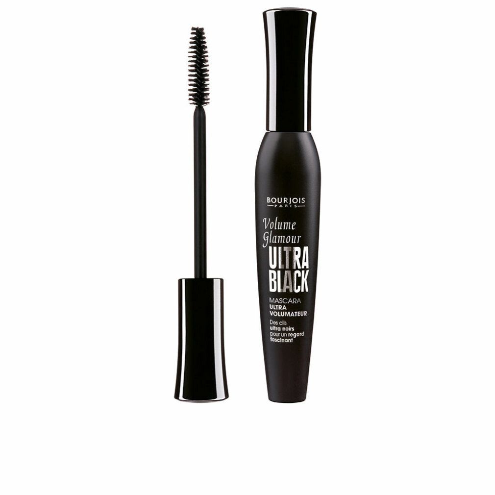 Schwarze Mascara-Tube mit Bürste. Aufschrift: Volume Glamour Ultra Black. Marke: Bourjois.