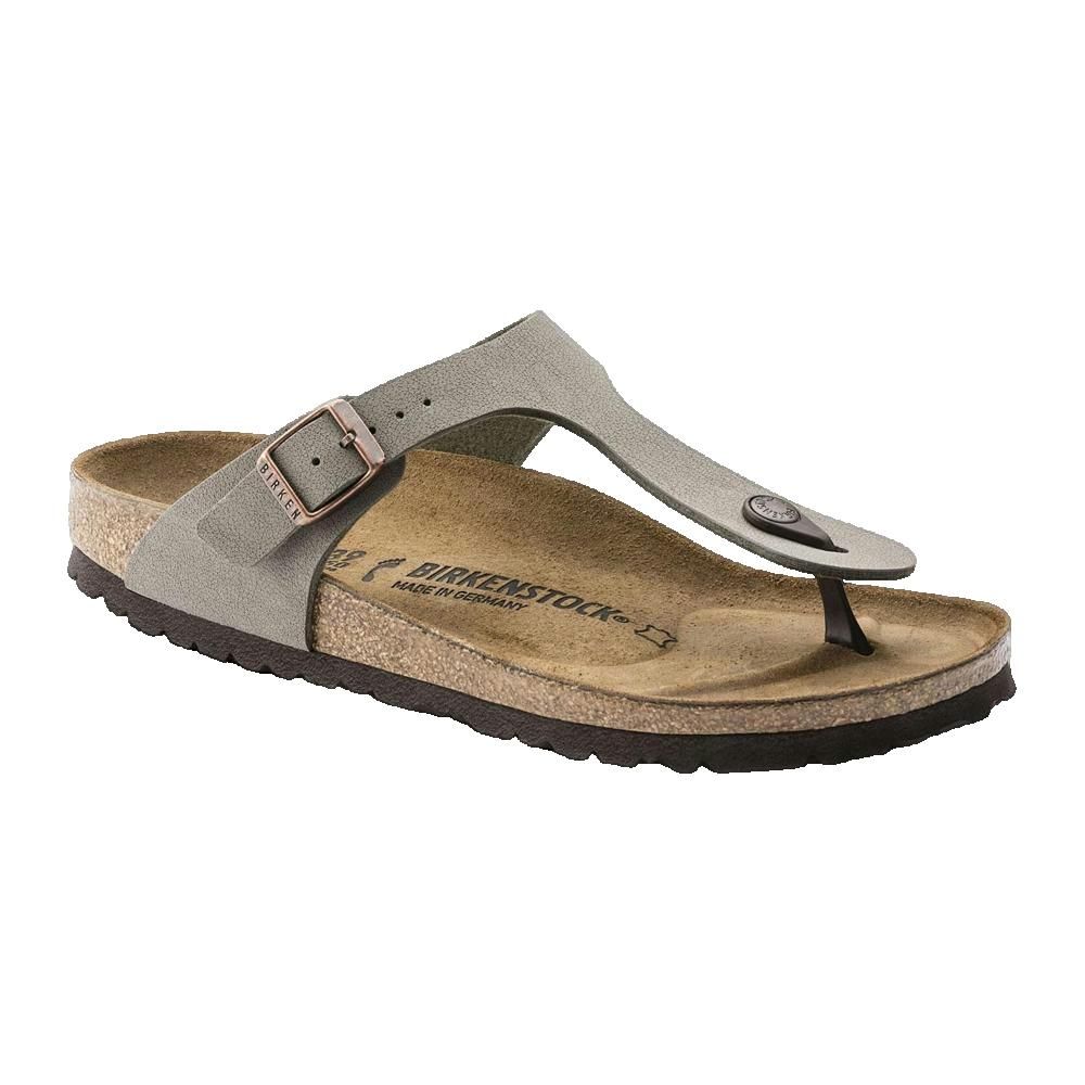 Sandalo grigio con cinturino e fibbia. Plantare in sughero. Marchio Birkenstock. Made in Germany.