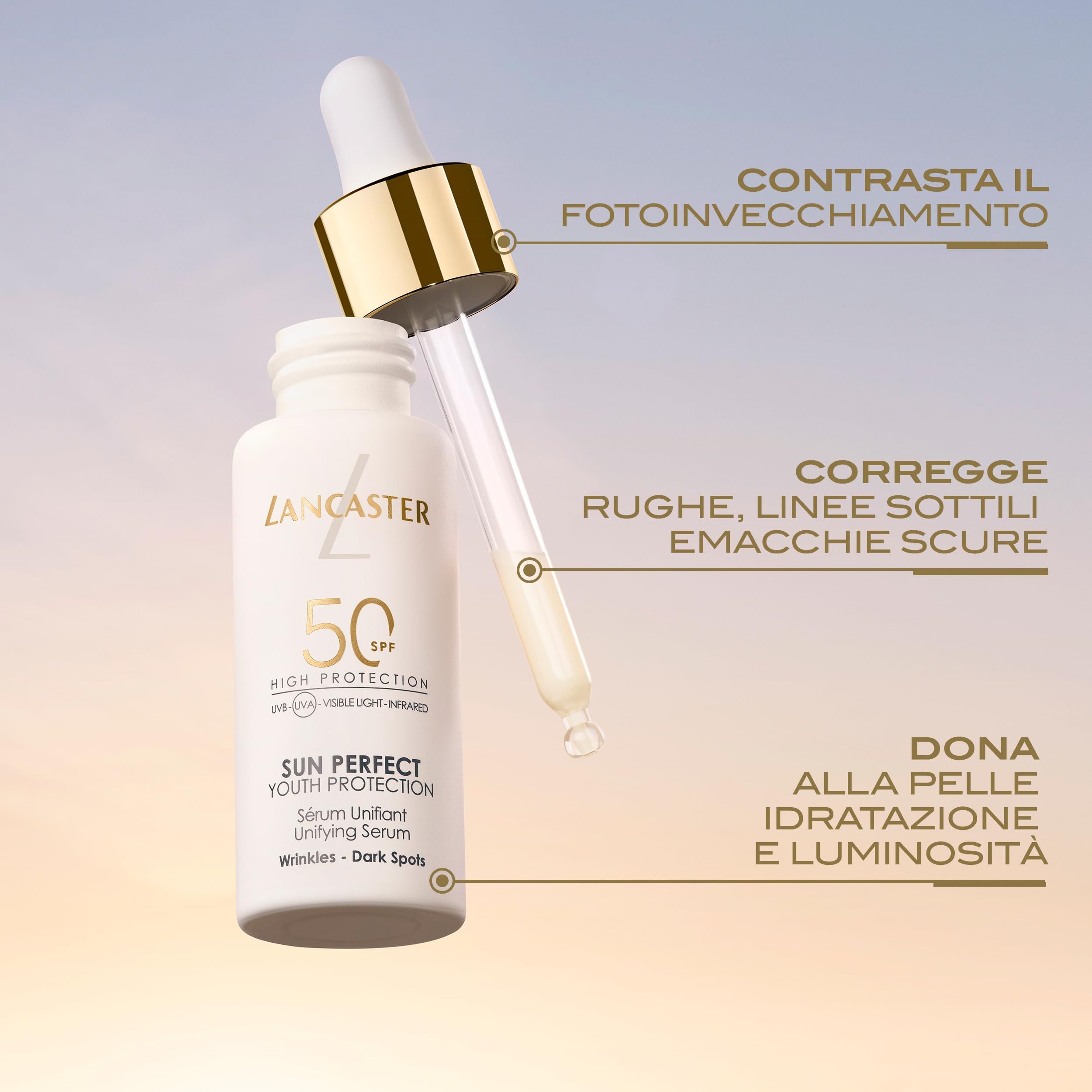Produktflasche mit Pipette. Text: Lancaster, 50 SPF, Sun Perfect Youth Protection. Gegen Falten und dunkle Flecken. Pfeile zeigen auf Vorteile.