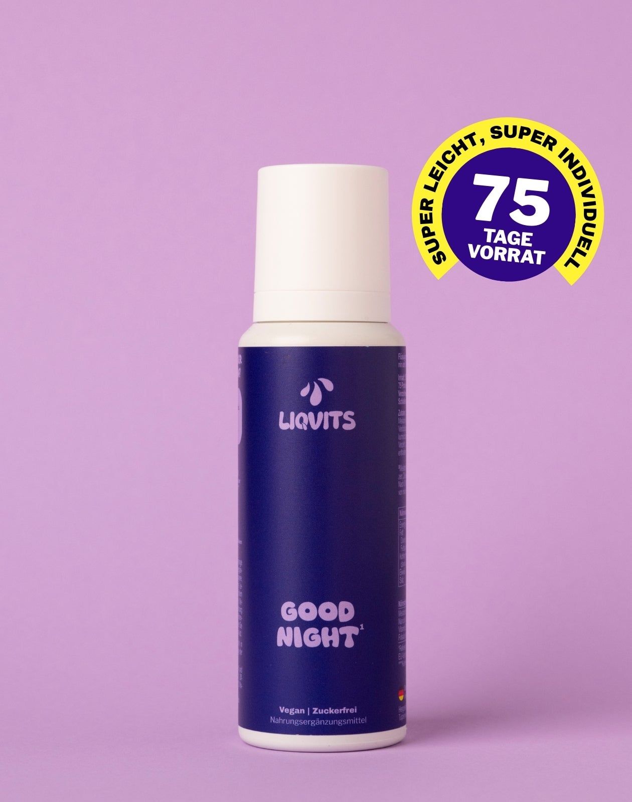 Blau-weiße Flasche mit Aufschrift "LiqVits Good Night". Aufkleber: 75 Tage Vorrat. Vegan, zuckerfrei.
