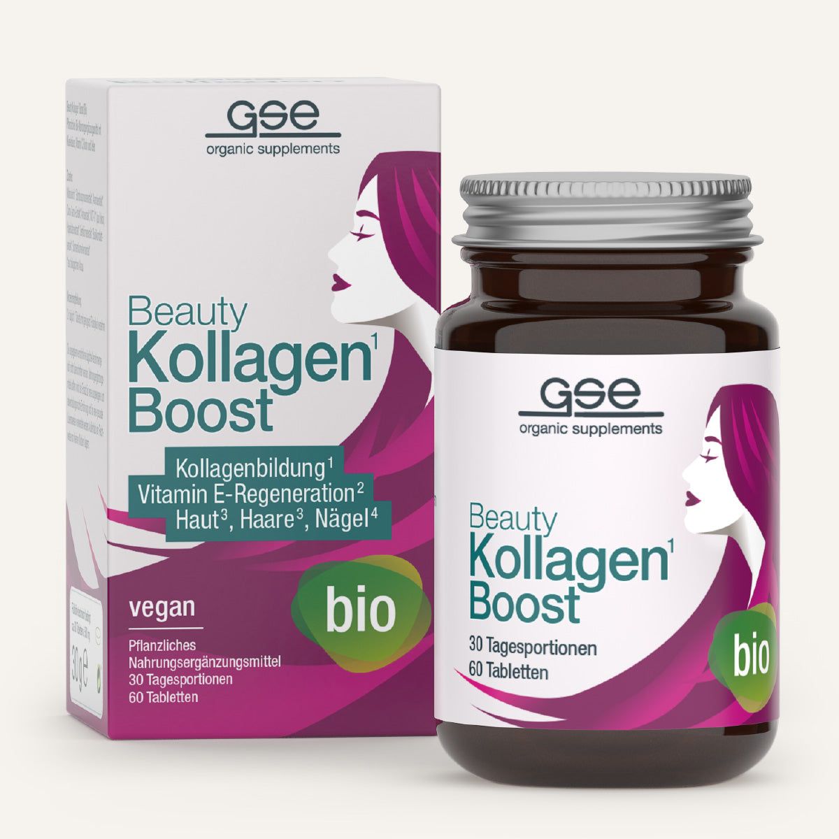 GSE Beauty Kollagen-Boost Bio. Dose und Schachtel mit Produktinformationen. Bio-Siegel. Vegan.