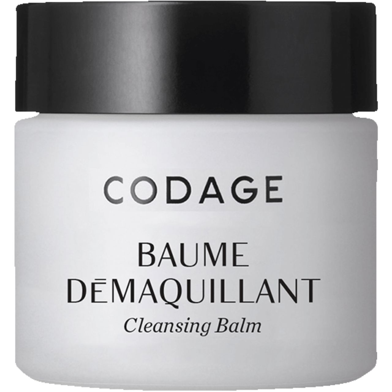 Weißes Tiegel mit schwarzem Deckel. Schriftzug: CODAGE, BAUME DÉMAQUILLANT, Cleansing Balm.