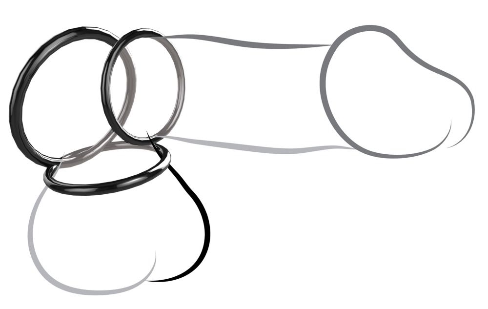 Illustration: Drei schwarze Ringe auf einem stilisierten Penis und Hoden.