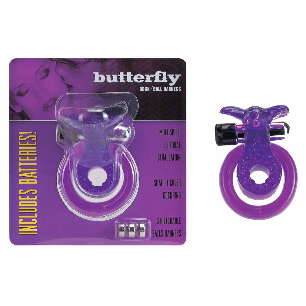 Cock & Ball Ring Butterfly, lila, in Blisterverpackung. Enthält Batterien. Text: Butterfly, Cock/Ball Harness, Multispeed, Clitoral Stimulation.