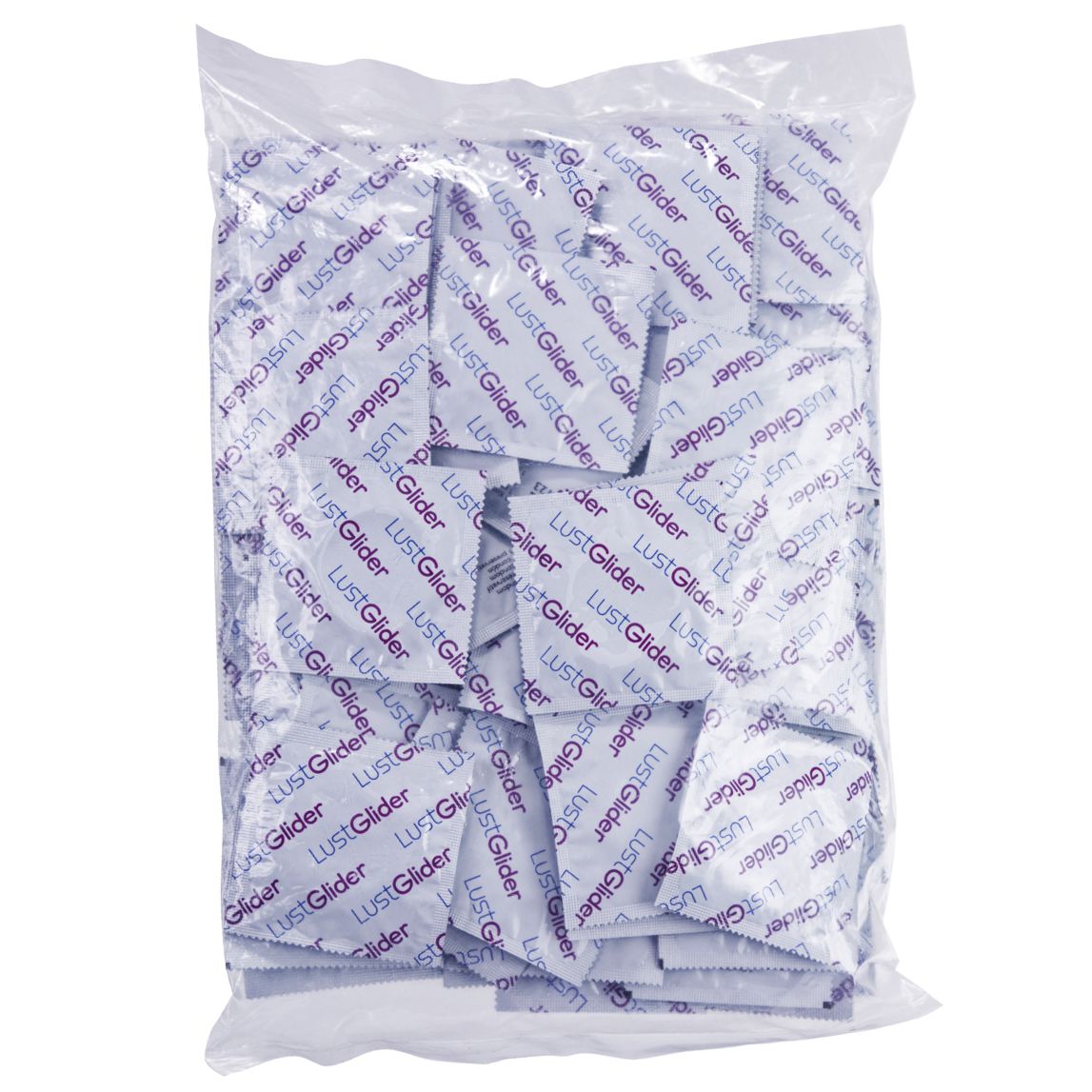 Große Plastiktüte mit vielen einzeln verpackten Gleitmittelpäckchen. Auf jedem Päckchen steht 'LustGlider'.