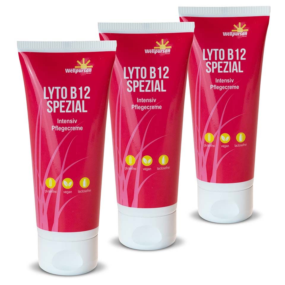 Drei Tuben Hautcreme. Rote Tuben mit weißem Verschluss. Aufschrift: LYTO B12 Spezial, Intensiv Pflegecreme. Marke: Wellpursan.