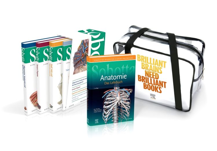Mehrteiliges Set: Lehrbücher und Tasche. Bücher mit farbigen Buchrücken. Auf einem Buch steht "Anatomie". Klarsicht-Tasche mit Tragegriffen und Aufdruck.
