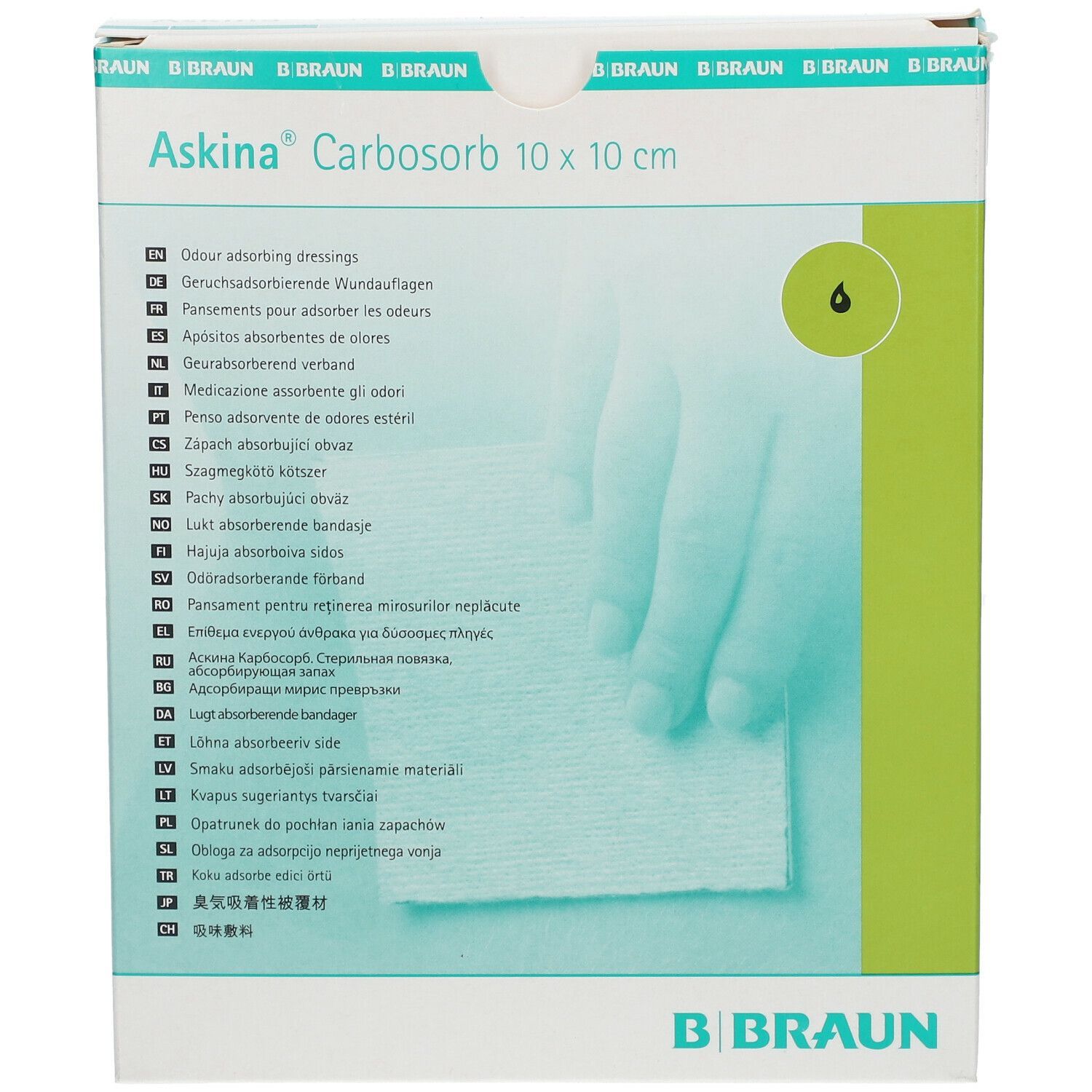 Verpackung von Askina Carbosorb 10 x 10 cm. Weißer Karton mit Produktbezeichnung, Produktabbildung und B. Braun Logo. Draufsicht.