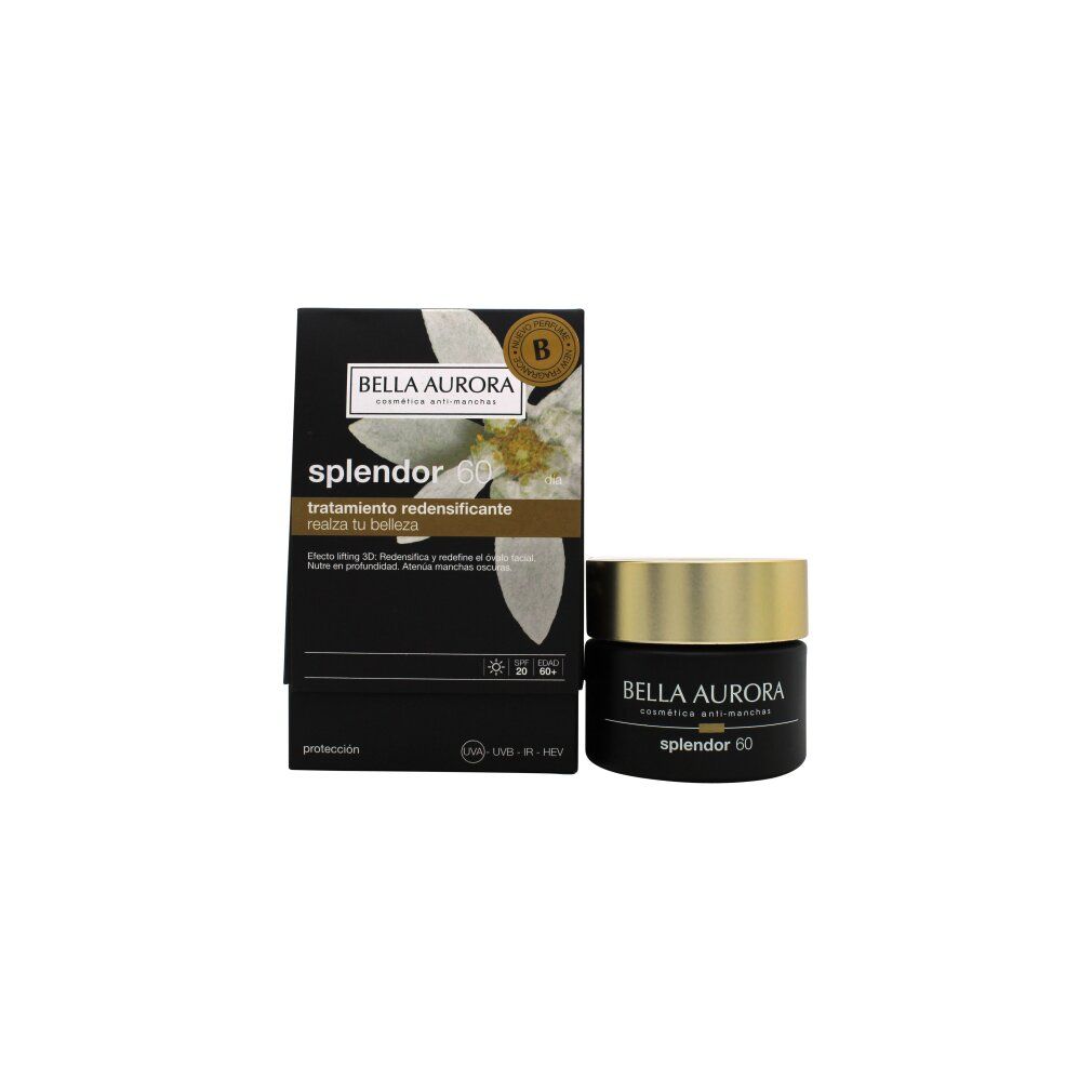 Schwarzer Tiegel mit goldfarbenem Deckel und Karton. Aufschrift: Bella Aurora, splendor 60, tratamiento redensificante día SPF20.