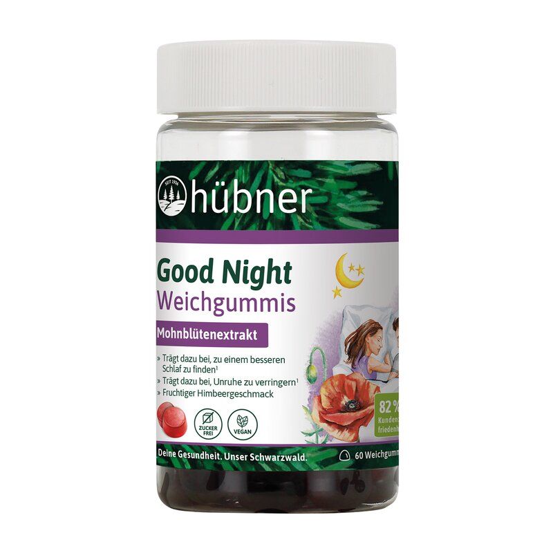 Glas mit weißen Deckel. Aufschrift: Hübner Good Night Weichgummis. Enthält Mohnblütenextrakt. Vegan. 60 Weichgummis.