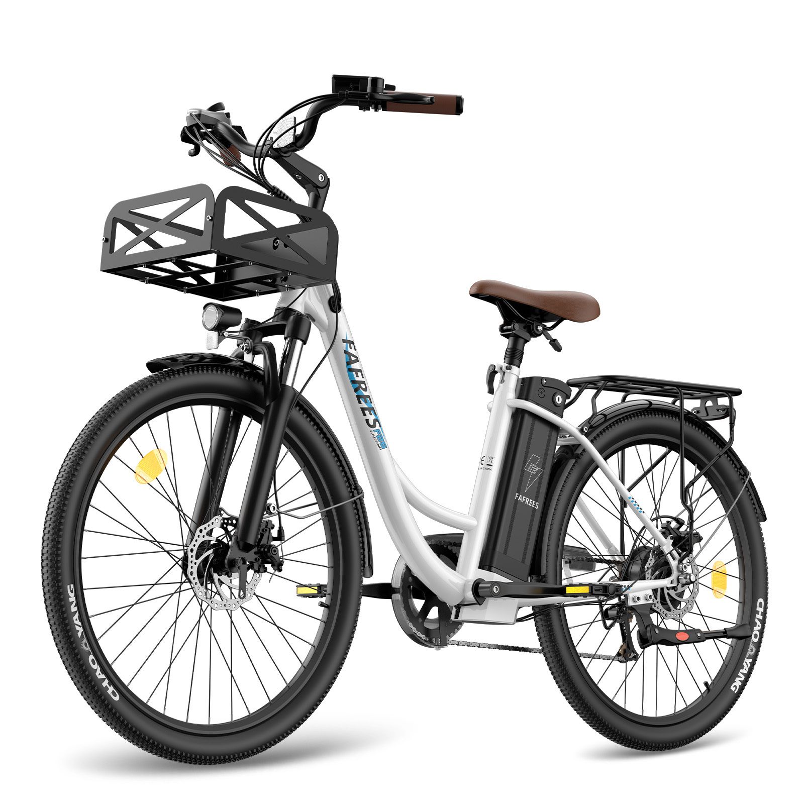 Fafrees F26 E-Bike, weiß, mit Korb. Schwarze Reifen, brauner Sattel und Lenkergriffe. Akku am Rahmen. Gepäckträger.