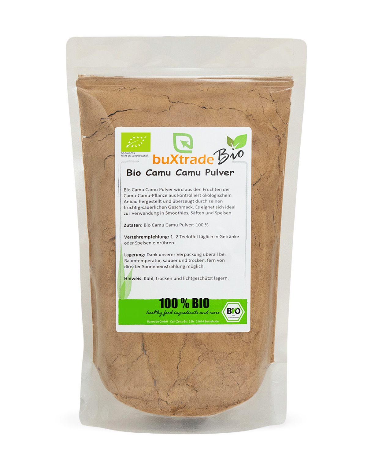 Verpackung von buxtrade Bio Camu Camu Pulver mit Bio-Siegel.