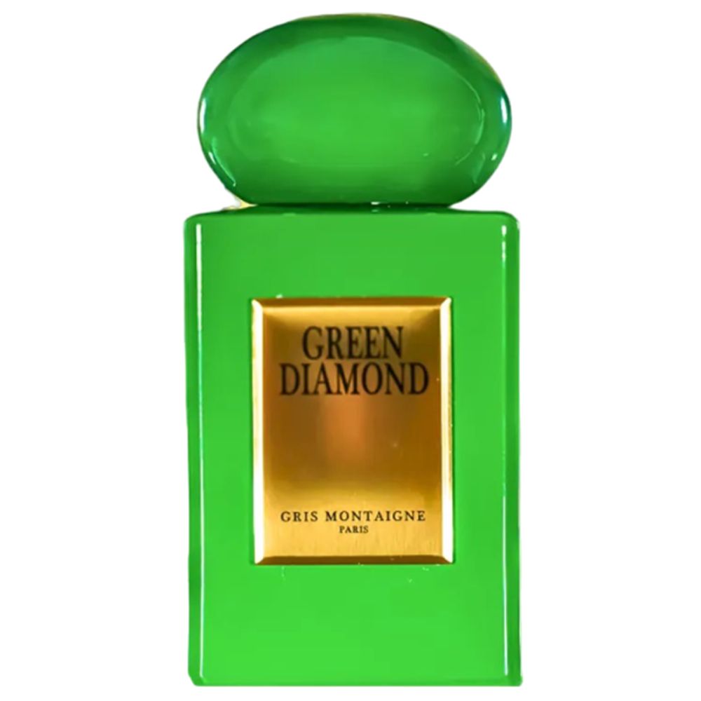 Grüne Parfümflasche mit goldfarbenem Etikett. Aufschrift: Green Diamond, Gris Montaigne Paris.