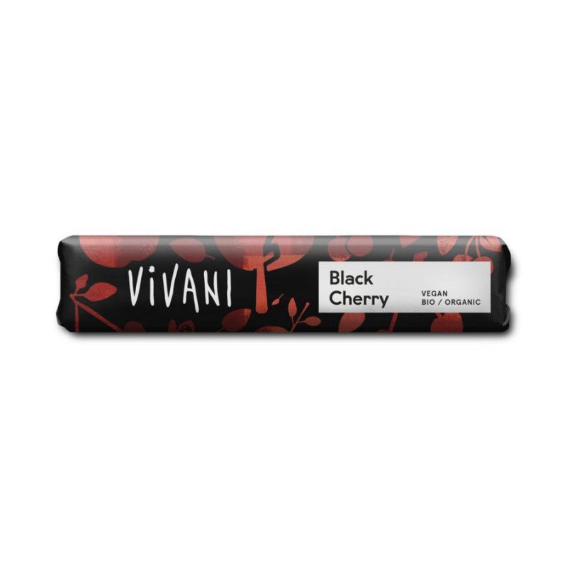 Schokoriegel mit schwarzer Kirsche. Schwarze Verpackung mit weißem Schriftzug "Vivani" und "Black Cherry". Vegan und Bio.