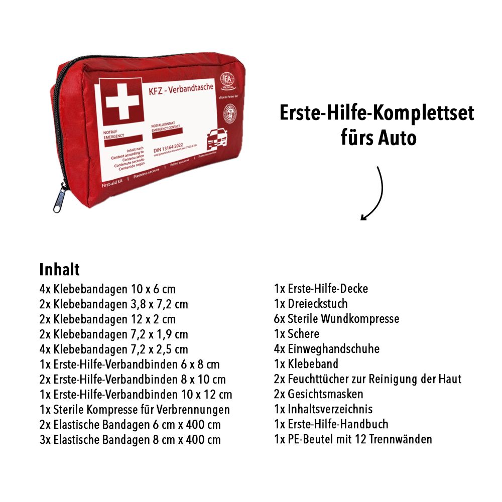Rote KFZ-Verbandtasche mit Inhalt. Enthält: Klebebänder, Verbände, Decke, Tücher, Schere, Handschuhe, etc.