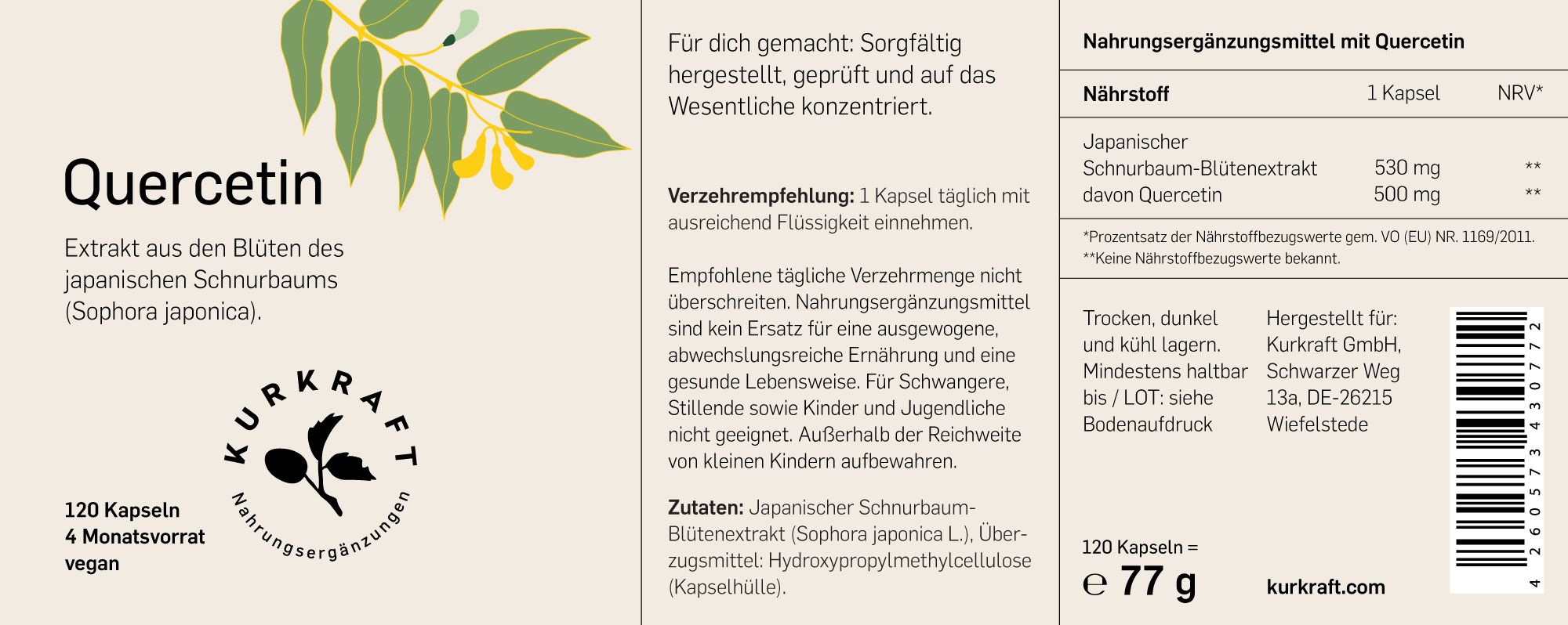 Etikett mit Produktinformationen. "Quercetin" und "Kurkraft" sind sichtbar. Enthält 120 Kapseln, 4 Monatsvorrat, vegan.