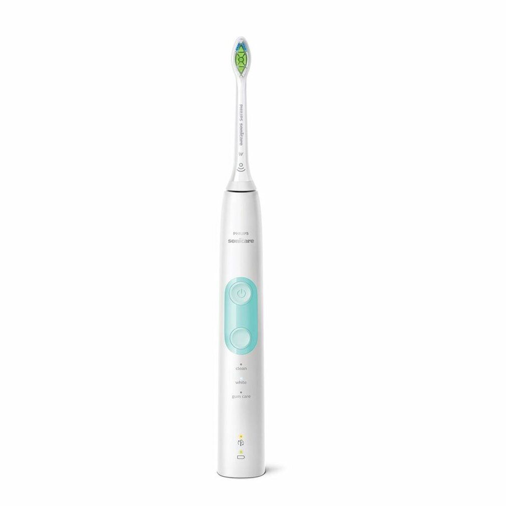Weiße elektrische Zahnbürste mit mintfarbenen Bedienelementen. Philips Sonicare-Logo. Bürstenkopf mit grünen Borsten.