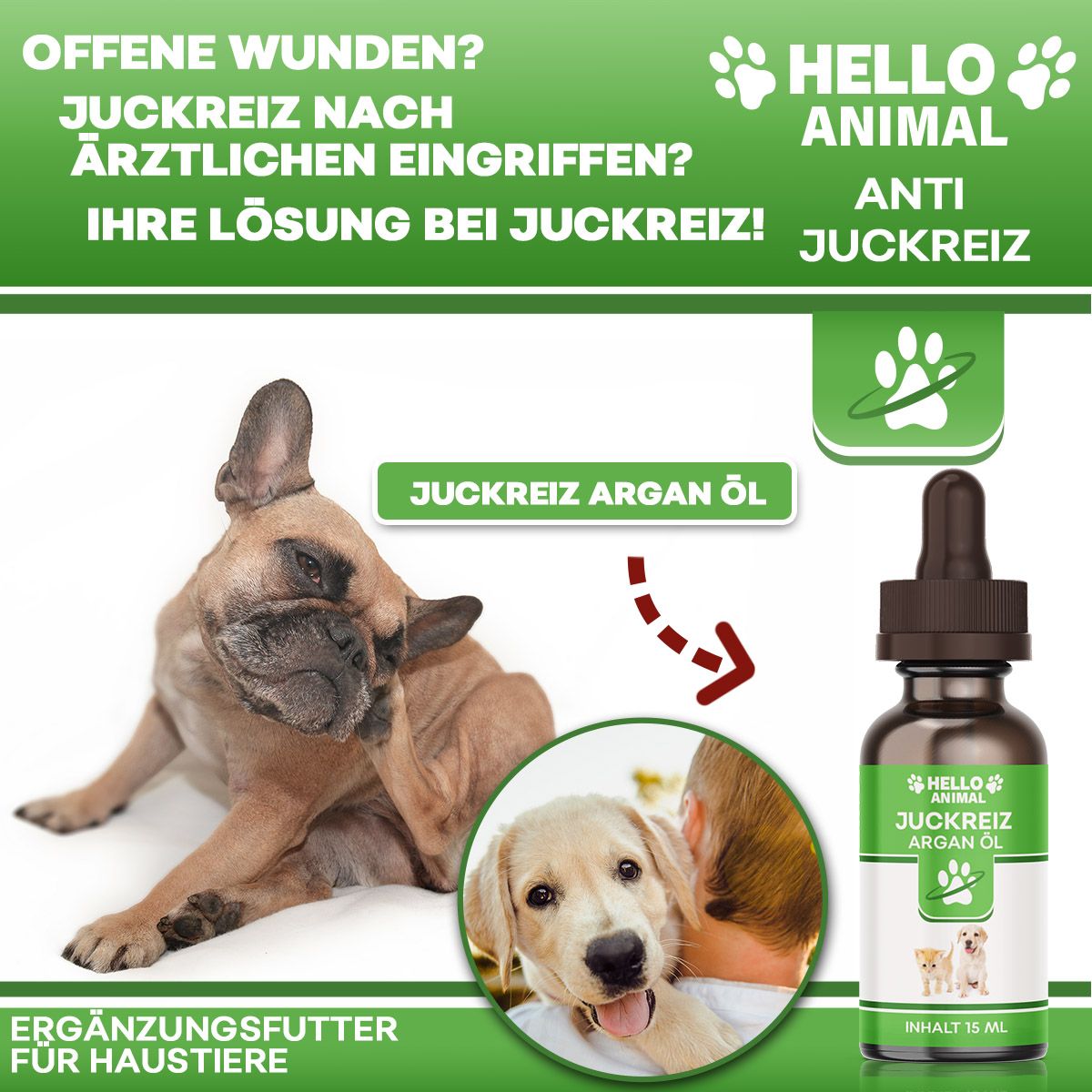 Produktflasche neben einem Hund, der sich kratzt. Text: "Juckreiz Argan Öl". Zusätzliche Bilder und Text.
