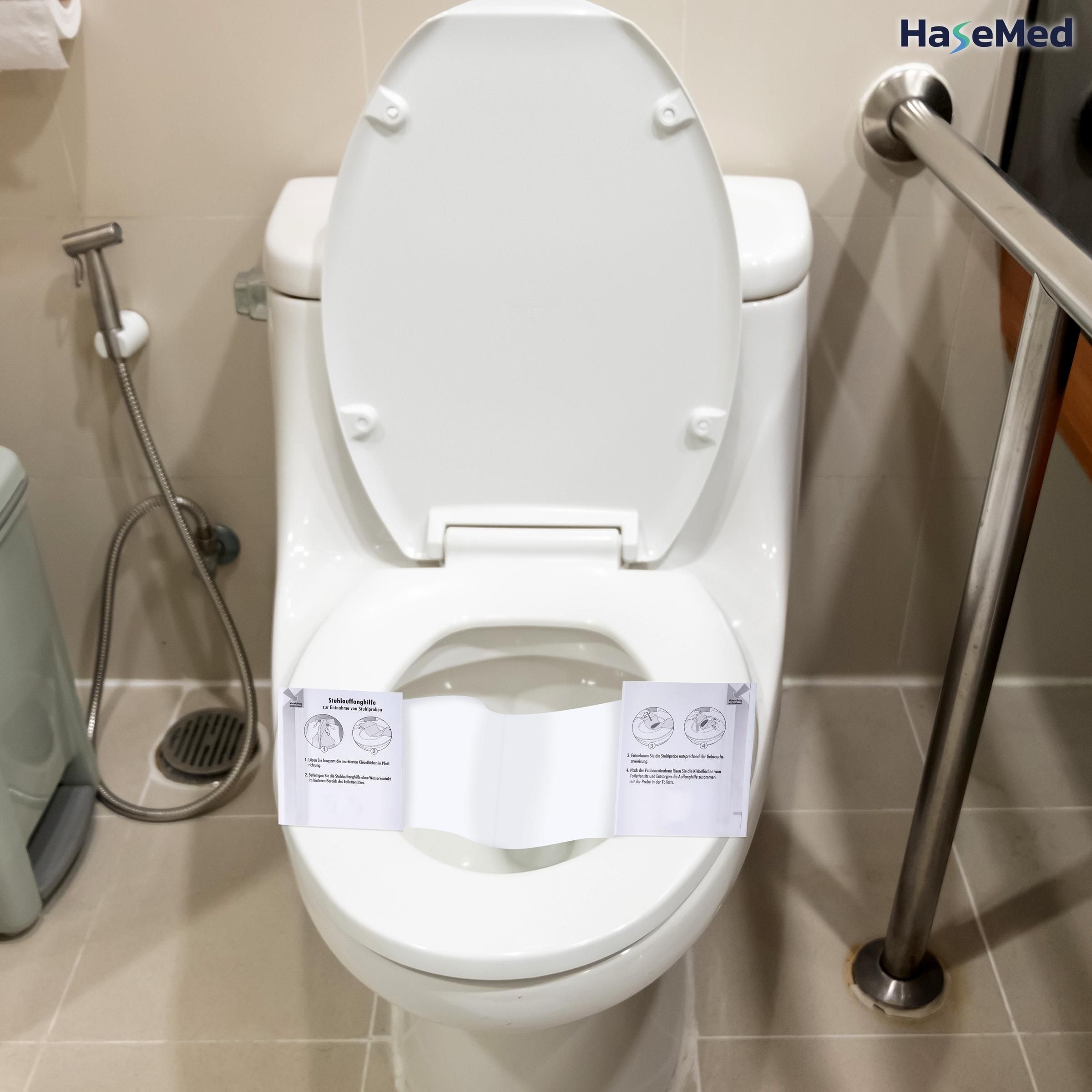 Toilette mit geöffnetem Deckel. Stuhlauffanghilfe angebracht. Logo HaseMed.