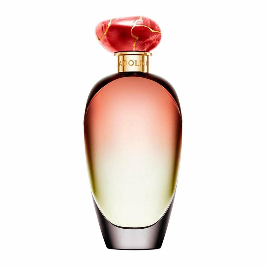 Parfümflasche mit Farbverlauf von rosa nach gelb. Roter Verschluss. Goldfarbener Hals.