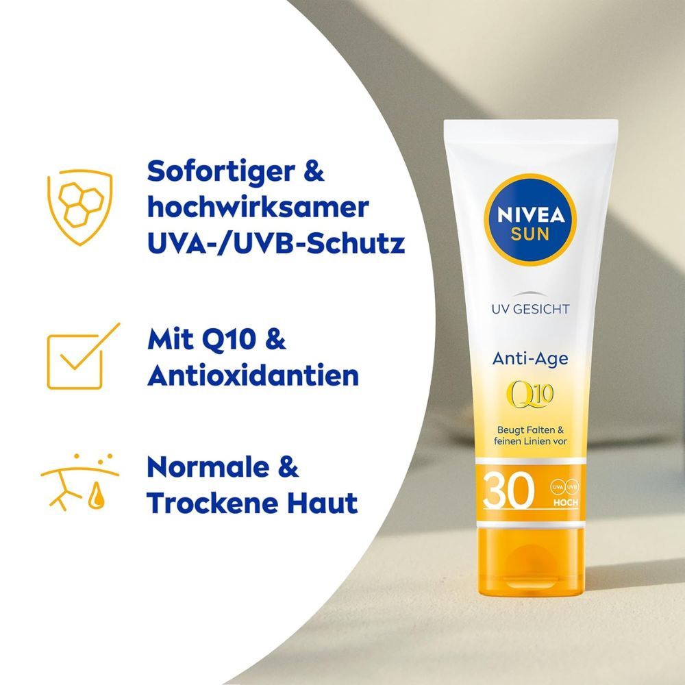 Produkt mit Text. Sofortiger UVA/UVB-Schutz, mit Q10 & Antioxidantien, für normale & trockene Haut.