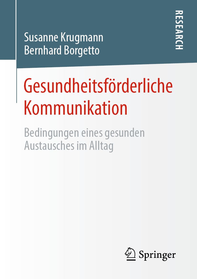 Buchcover: Gesundheitsförderliche Kommunikation. Autoren: Krugmann, Borgetto. Verlag Springer. Titel in Rot. Untertitel in Grau.