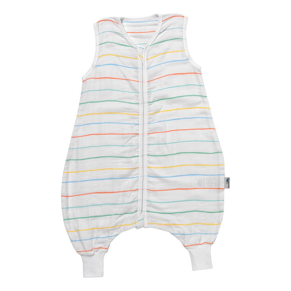 Baby-Schlafsack mit Füßen, weiß mit bunten Streifen. Reißverschluss vorne, Füße mit Bündchen. 70 cm.