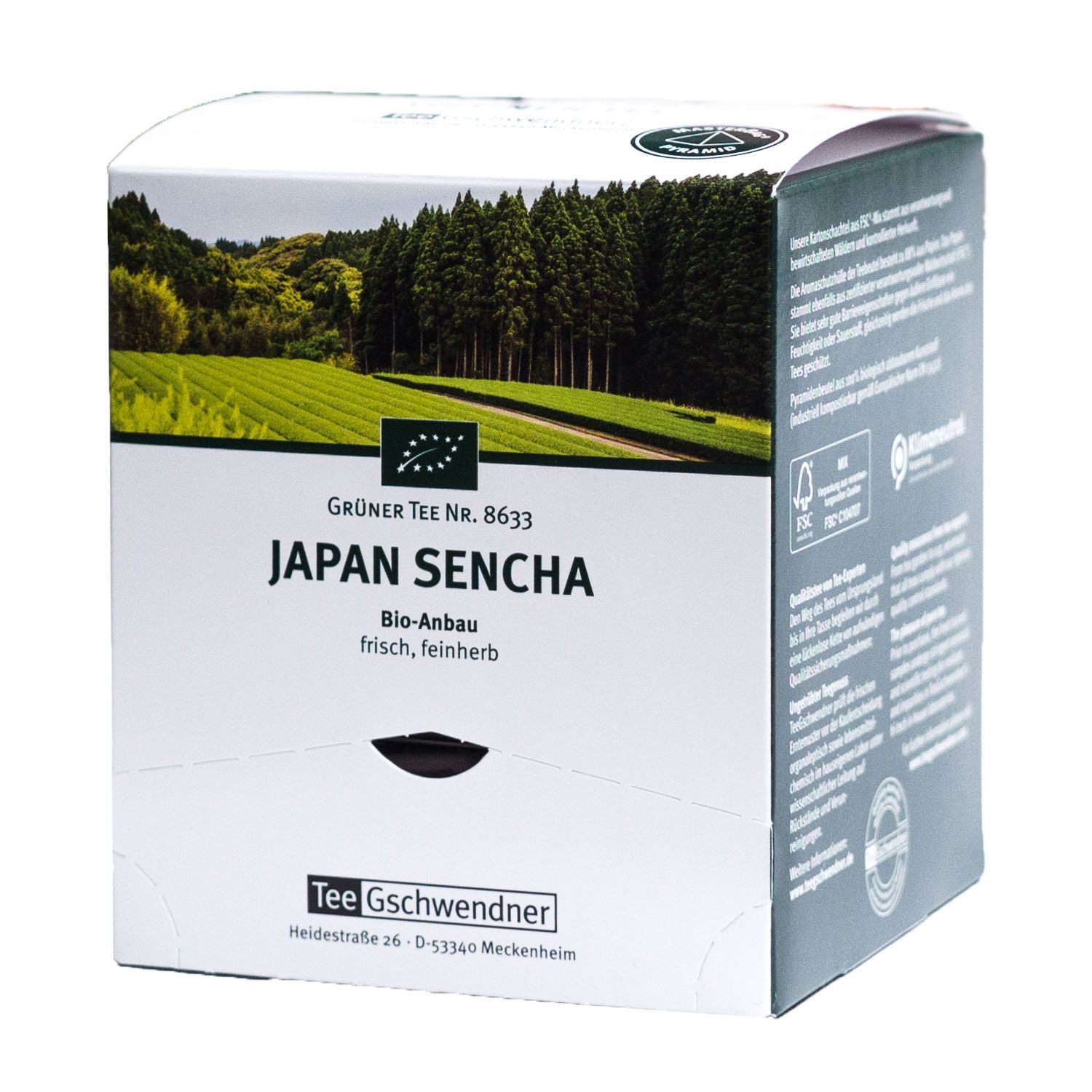 Weißer Karton mit Aufdruck. Aufschrift: JAPAN SENCHA, Bio-Anbau. Logo für Bio-Qualität. Marke: Tee Gschwendner.